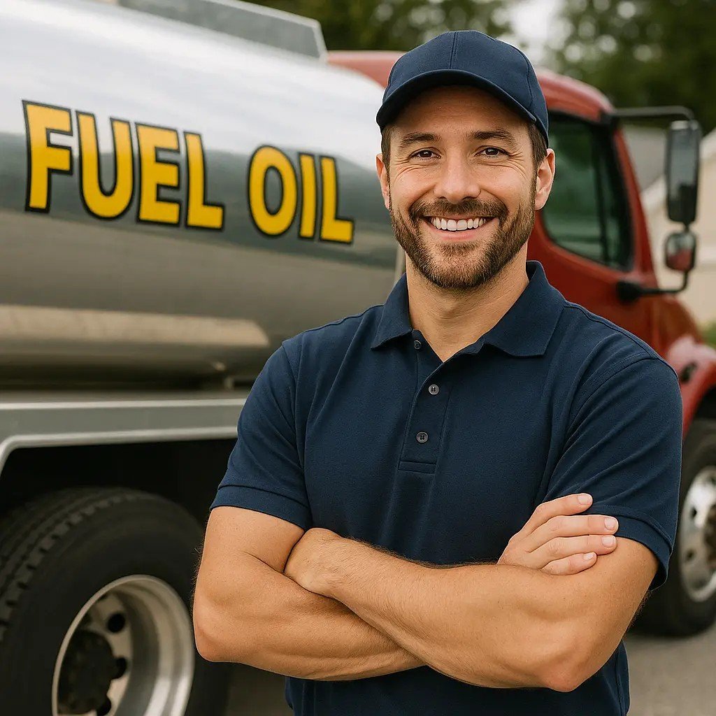 Power Fuel Oil driver standing in front of a fuel oil delivery truck